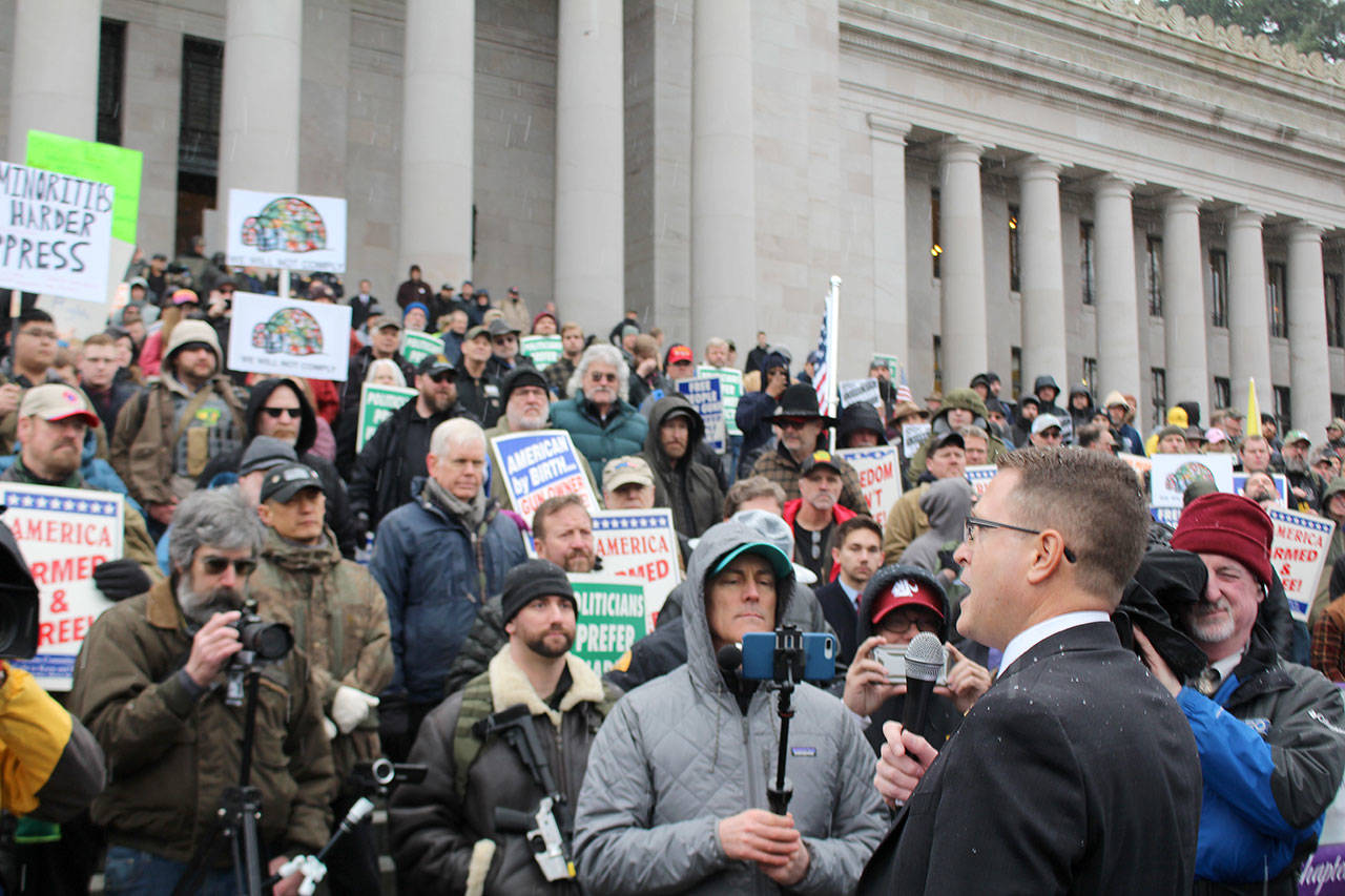 Embattled Rep. Matt Shea (R-Spokane Valley) addresses a crowd of gun rights supporters Friday (Jan. 17, 2020) at the Capitol, promising his unwavering commitment to defend the Second Amendment. (Cameron Sheppard, WNPA News Service)