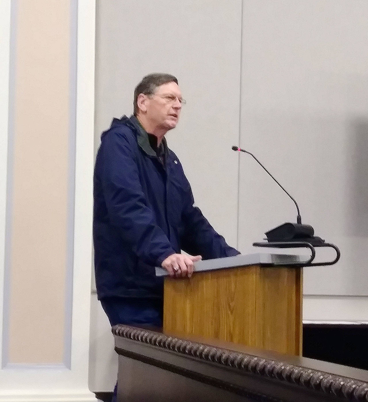 Chehalis Mayor Dennis Dawes addresses the Office of the Chehalis Basin board Wednesday, Jan. 29, 2020, in Chehalis. (Michael Lang | Grays Harbor News Group)