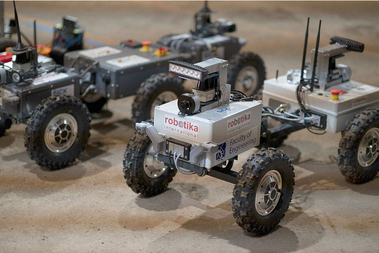 Team Robotika robots are lined up ahead of the DARPA Subterranean Challenge Urban Circuit competition at the Satsop Business Park in Grays Harbor County. (Photo courtesy Defense Advanced Research Projects Agency)