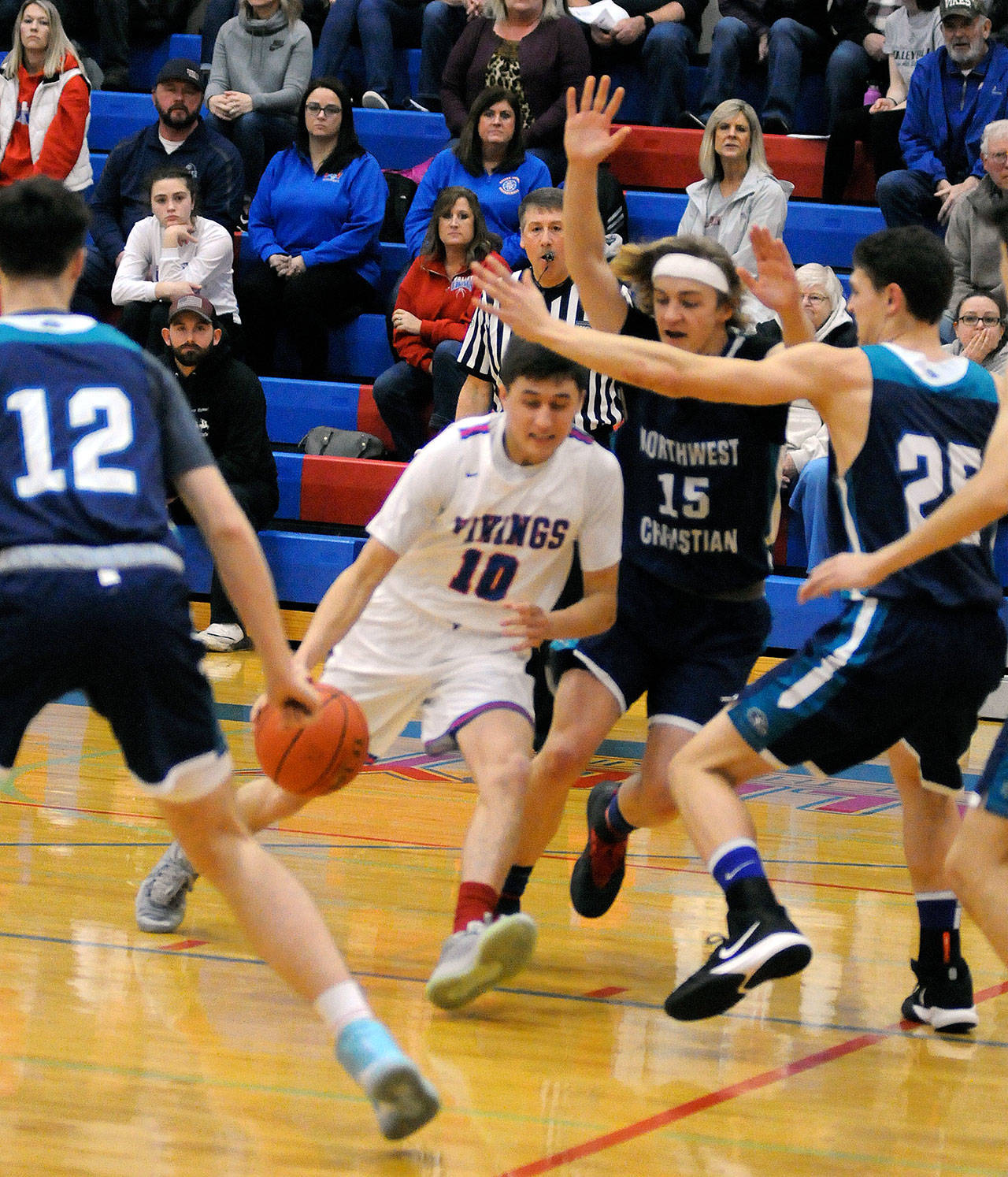 Willapa Valley’s Chad Flemetis (10), seen here against Northwest Christian on Jan. 27, is the second-leading scorer for the Vikings at 14 points per game this season. Flemetis and the Vikings will take on Friday Harbor in the 2B regionals on Saturday. (Ryan Sparks | Grays Harbor News Group)