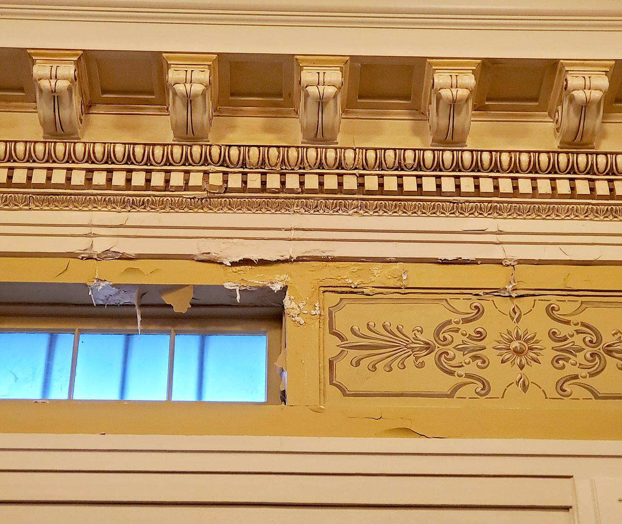 Water damage to plaster and artwork can be seen recently in a Superior Court courtroom in Montesano. Two courtrooms are damaged because of a leak in the roof, which is being repaired. (Photo courtesy Mark Cox, Grays Harbor County Community Development)