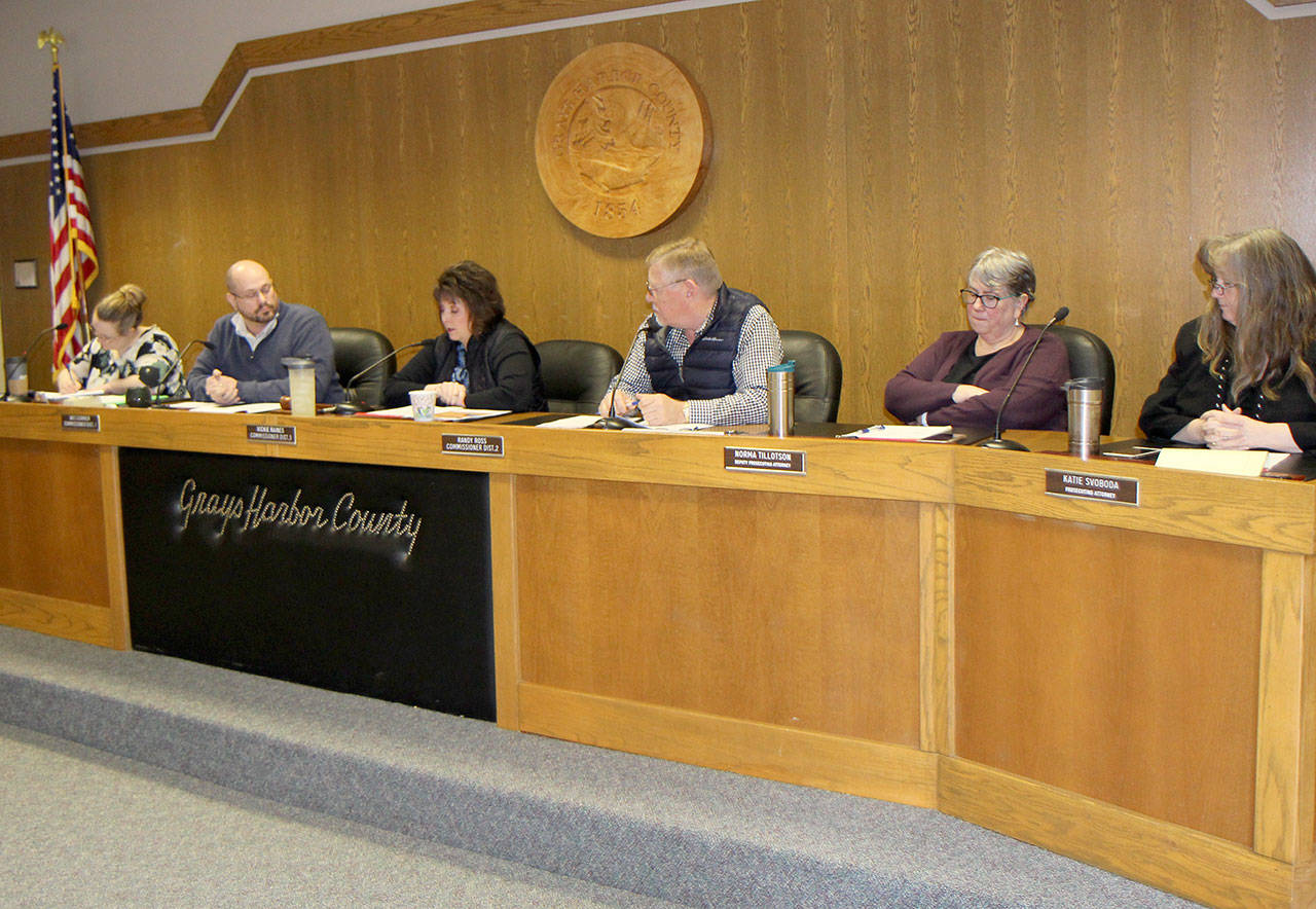 Michael Lang | Grays Harbor News Group                                The Grays Harbor Board of County Commissioners holds a workshop Tuesday, Feb. 25, 2020, in Montesano. Seated from left are Jenna Amsbury, clerk of the court; Commissioner Wes Cormier; Commission President Vickie Raines; Commissioner Randy Ross; Norma Tillotson, deputy prosecuting attorney; and Tracey Munger, civil deputy prosecuting attorney.