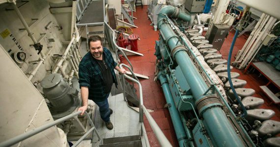 Ryan Berry | The daily Herald
                                Bart Lematta stands in the engine room of his ferry on Feb. 8, 2022, along the shore of Langley.