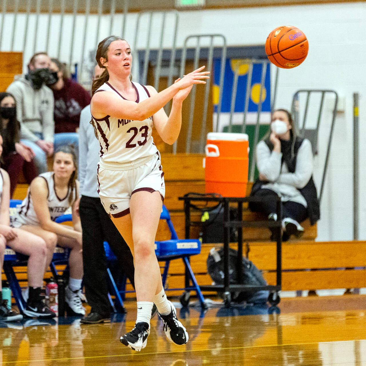 PHOTO BY SHAWN DONNELLY
                                Montesano senior Paige Lisherness, seen here in a file photo from a game on Feb. 19, 2022, scored 15 points to lead the Bulldogs to a 40-26 win over Freeman in a WIAA 1A State Girls Basketball Tournament quarterfinal game on Thursday in Yakima. Lisherness suffered an ankle injury in the fourth quarter and did not return to the game.