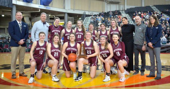 RYAN SPARKS | THE DAILY WORLD The Montesano Bulldogs won their first girls basketball trophy with a fifth-place finish at the WIAA 1A State Tournament on Saturday at the Yakima Valley SunDome in Yakima.