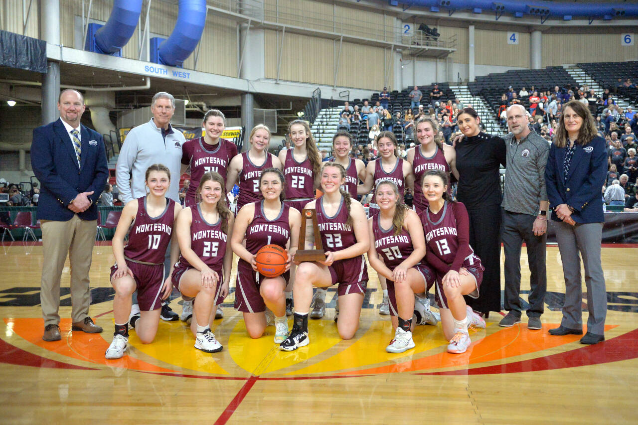 RYAN SPARKS | THE DAILY WORLD The Montesano Bulldogs won their first girls basketball trophy with a fifth-place finish at the WIAA 1A State Tournament on Saturday at the Yakima Valley SunDome in Yakima.