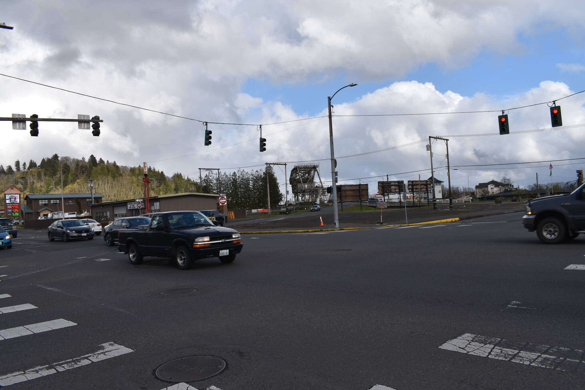 The five-way intersection, which allows traffic to flow from Fuller Way, East Market Street, and F Street, will start to be replaced on Monday, April 18, with a roundabout, which is supposed to add to safety and traffic efficiency in the area. There is some local concern about the project’s affect on business. Matthew N. Wells | The Daily World