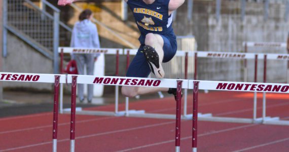RYAN SPARKS | THE DAILY WORLD Aberdeen’s Collin Babineau won both the boys 110- (pictured) and 300-meter hurdle races at the Ray Ryan Memorial Grays Harbor Championships on Friday in Montesano.