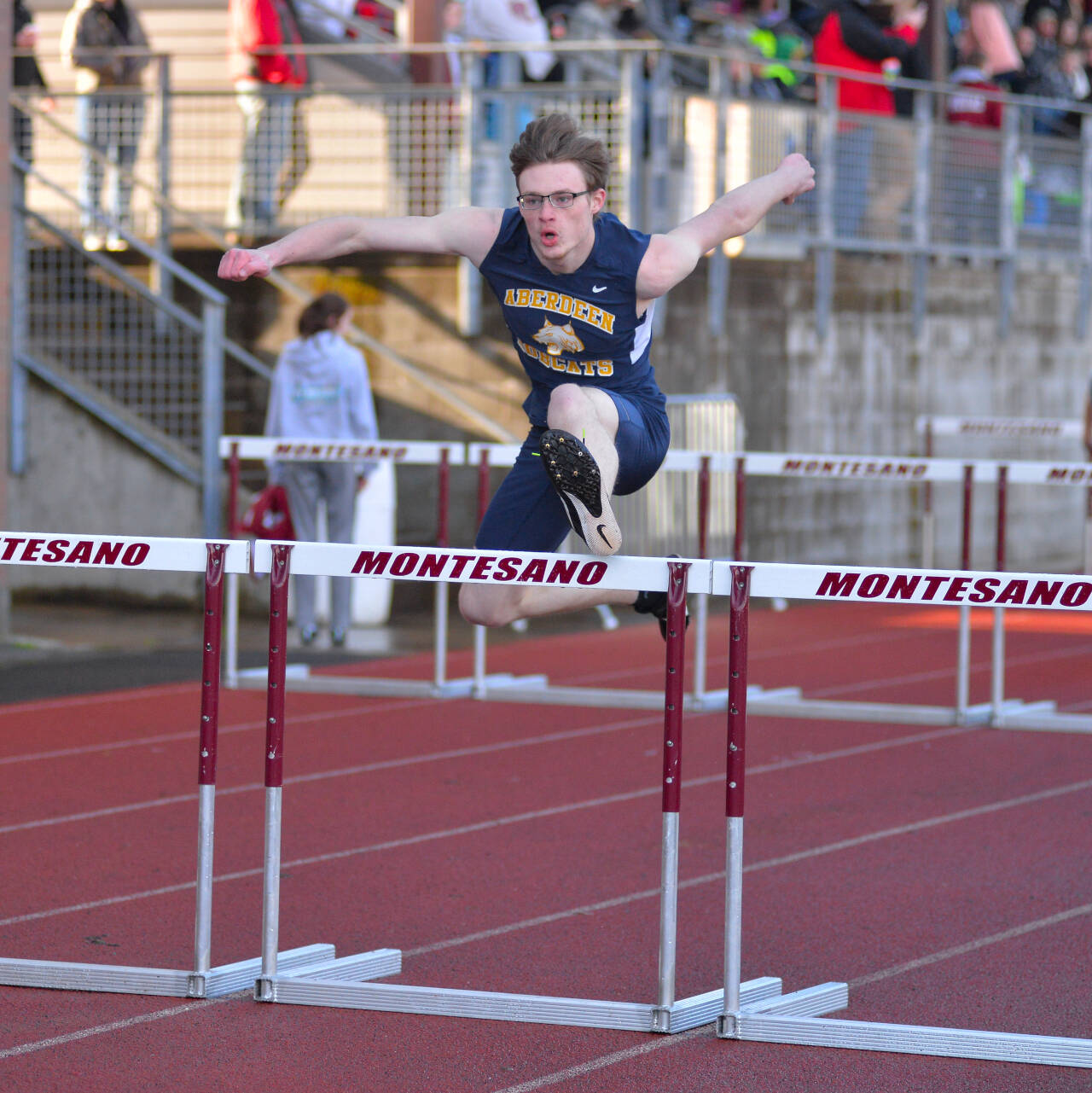 RYAN SPARKS | THE DAILY WORLD Aberdeen’s Collin Babineau won both the boys 110- (pictured) and 300-meter hurdle races at the Ray Ryan Memorial Grays Harbor Championships on Friday in Montesano.