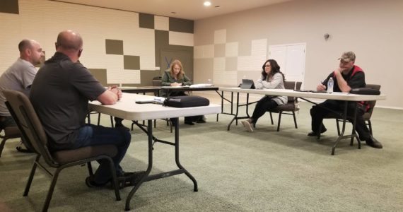 Elma City Council members (From Left to Right: Josh Collette, Pat Miller, Wendy Collins, Bethany Whipple-Boling, John Heater) conducted their first in-person meeting in more than two years at the FaithLife Church Northwest on April 25, 2022, in Elma. (Allen Leister l The Daily World)