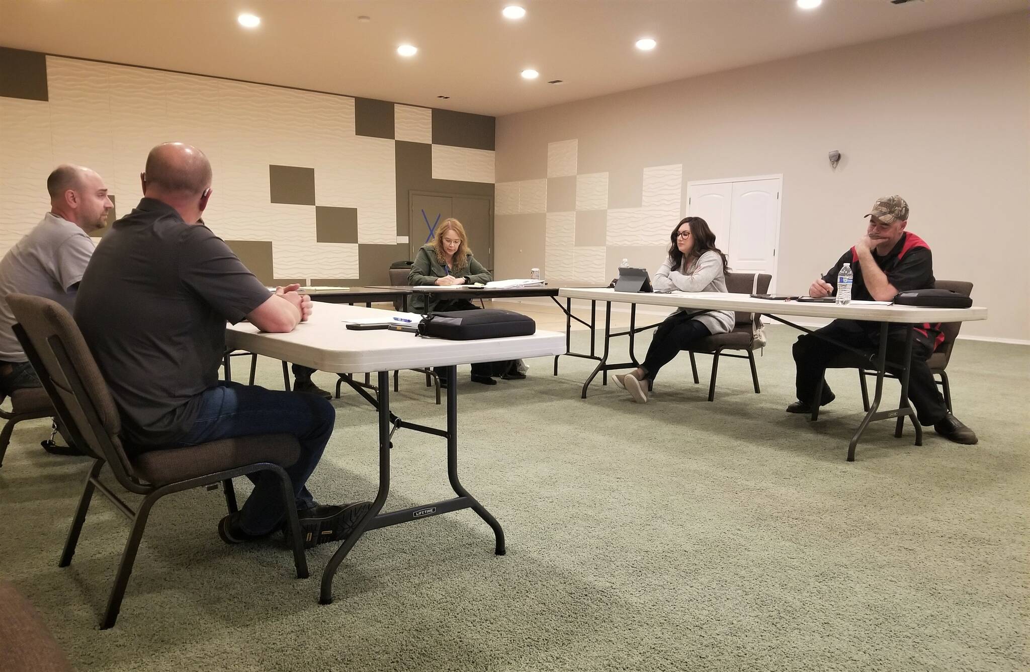 Elma City Council members (From Left to Right: Josh Collette, Pat Miller, Wendy Collins, Bethany Whipple-Boling, John Heater) conducted their first in-person meeting in more than two years at the FaithLife Church Northwest on April 25, 2022, in Elma. (Allen Leister l The Daily World)
