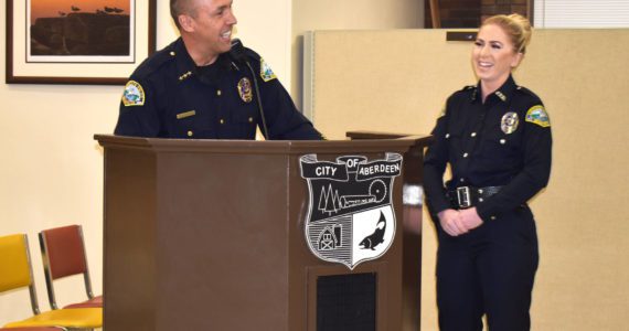 Aberdeen Police Chief Steve Shumate proudly recalls APD Officer Brandi Slater’s heroic efforts to enter a burning house in order to save the lives of two men on Wednesday night, May 11, at the Aberdeen City Council meeting. Matthew N. Wells | The Daily World