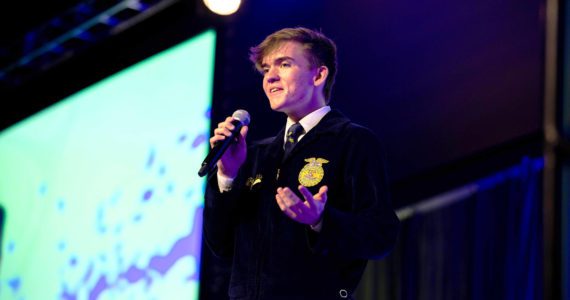(Photo Courtesy of Elma High School)
                                Samuel Gillis gives a speech after being elected Washington FFA President at the Three Rivers Convention Center on May 14, 2022, in Kennewick.