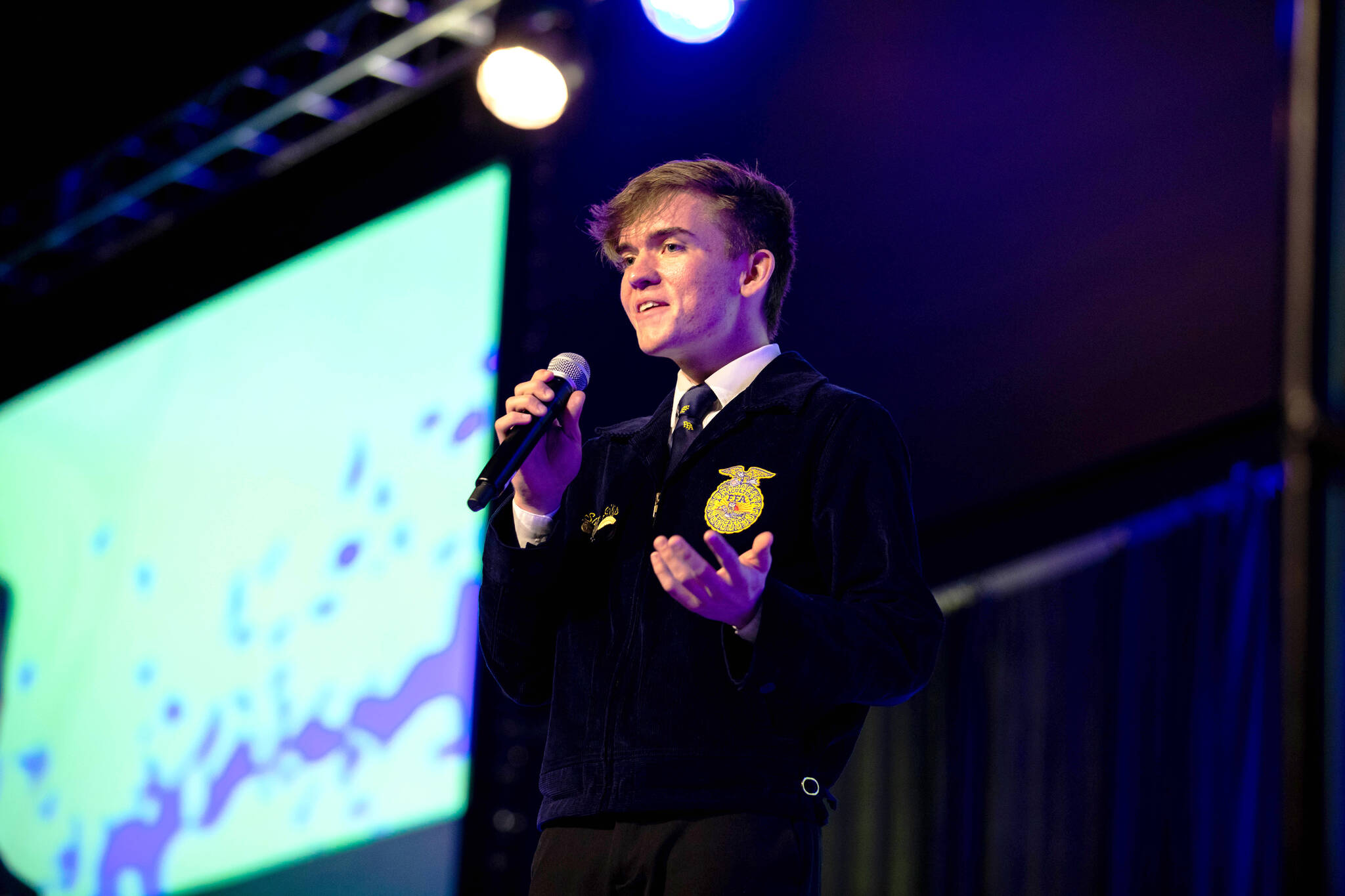 (Photo Courtesy of Elma High School)
                                Samuel Gillis gives a speech after being elected Washington FFA President at the Three Rivers Convention Center on May 14, 2022, in Kennewick.