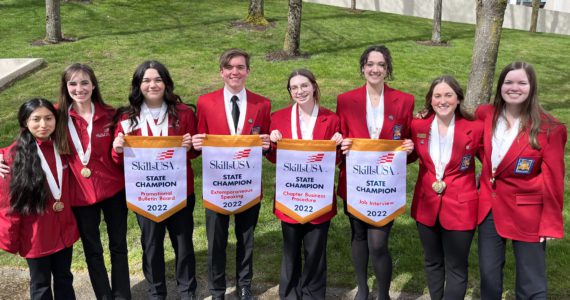 (Photo Courtesy of Elma High School) Students that won in their state competitions for SkillsUSA will compete at Nationals in Atlanta. From Left: Nancy Ramirez, Emma Spalding, Payton Simmons, Samuel Gillis, Delayne Hanson, Torrey Thompson, Grace Smith, Kara Heley.