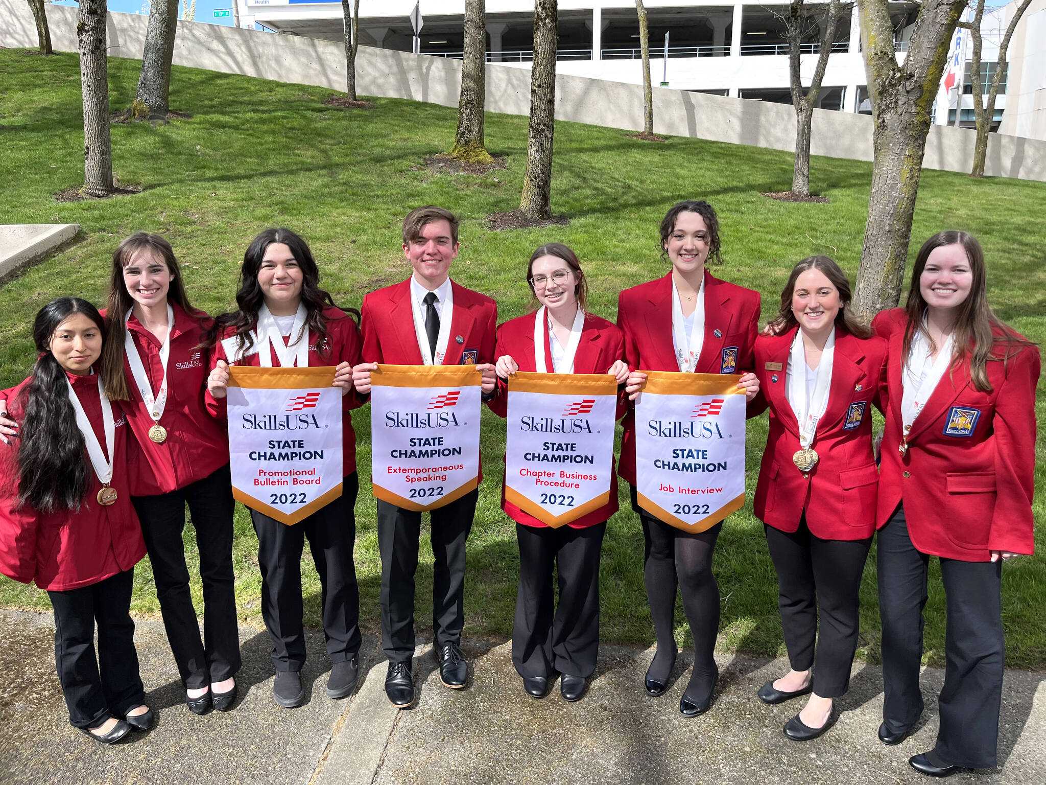 (Photo Courtesy of Elma High School) Students that won in their state competitions for SkillsUSA will compete at Nationals in Atlanta. From Left: Nancy Ramirez, Emma Spalding, Payton Simmons, Samuel Gillis, Delayne Hanson, Torrey Thompson, Grace Smith, Kara Heley.