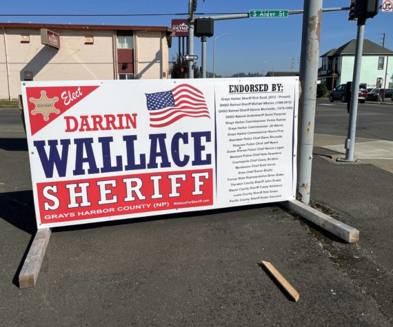 (Matthew N. Wells | The Daily World)
                                Michael Catlett alleges in his Election Interference letter that the endorsement sign for Darrin Wallace on the corner of Heron and Alder Street in Aberdeen contributed to his belief that there is a “concerted effort to prevent him from being elected” as the next Grays Harbor County Sheriff