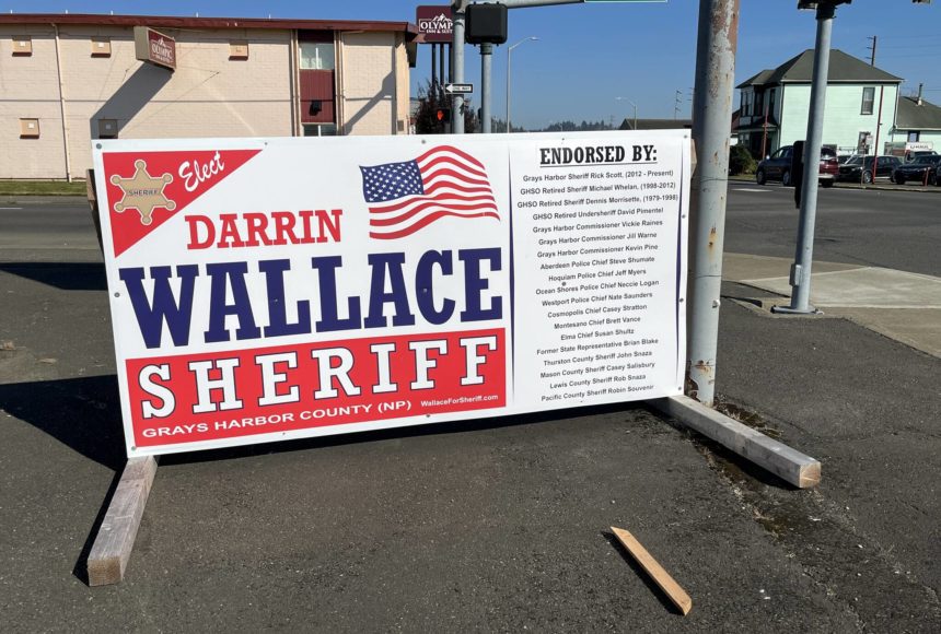 <p>(Matthew N. Wells | The Daily World)</p>
                                <p>Michael Catlett alleges in his Election Interference letter that the endorsement sign for Darrin Wallace on the corner of Heron and Alder Street in Aberdeen contributed to his belief that there is a “concerted effort to prevent him from being elected” as the next Grays Harbor County Sheriff</p>