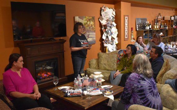 (Allen Leister | The Daily World)
                                Incumbent nonpartisan candidate Vickie Raines spoke to attendees about her more than two decades of experience in public office and why voters should trust her to combat the current issues facing the Harbor on Thursday, Oct. 13 during a Meet and Greet at Grays Harbor Wine Sellars, in Aberdeen.