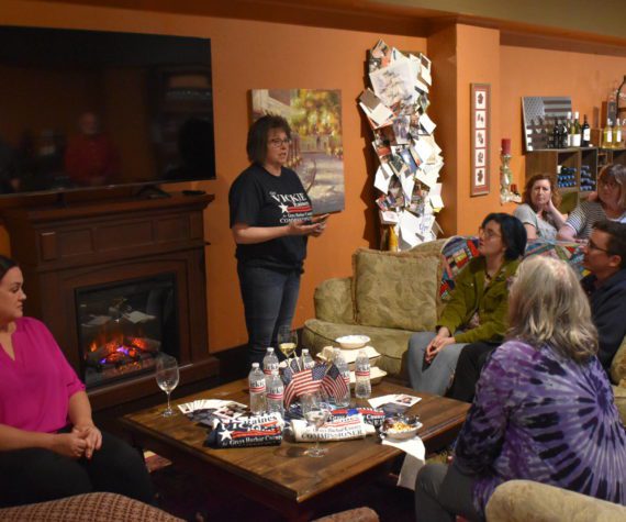 (Allen Leister | The Daily World)
                                Incumbent nonpartisan candidate Vickie Raines spoke to attendees about her more than two decades of experience in public office and why voters should trust her to combat the current issues facing the Harbor on Thursday, Oct. 13 during a Meet and Greet at Grays Harbor Wine Sellars, in Aberdeen.
